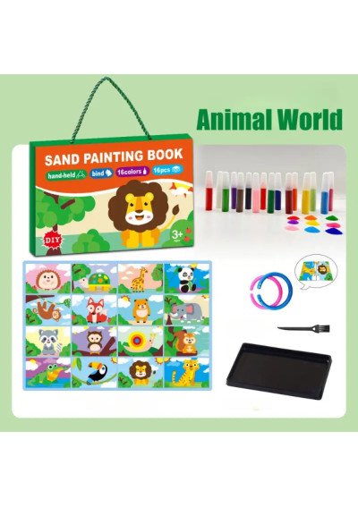 Piešimas Smėliu „Gyvūnai“ Rinkinys | 16 Kortelių, 12 Spalvų | Vaikams nuo 3 m. | Girlianda.lt