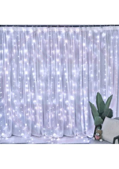 Laidinė LED Užuolaida 3x3m Šaltai Balta | 300 LED, Pultelis | Girlianda.lt