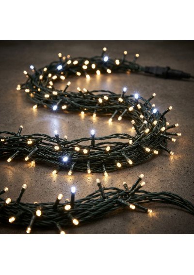Šiltai balta 30m lauko LED girlianda su blykstės funkcija 500 LED IP44 pakuotėje