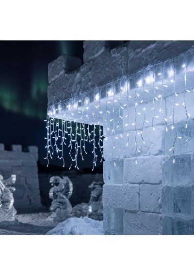 Šaltai balta 15m LED girlianda varvekliai baltu laidu su blykste 300 LED IP44 pakuotėje