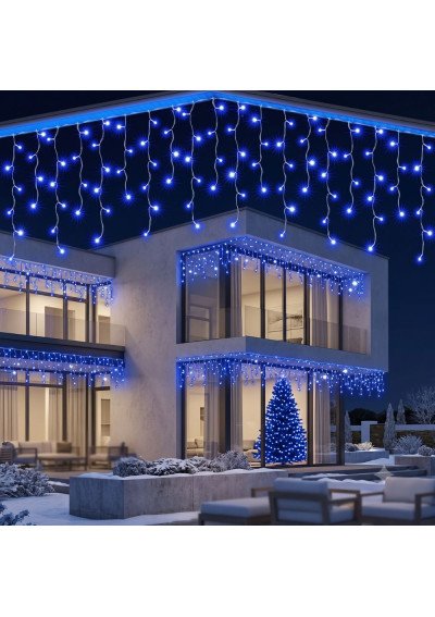 Mėlyna 15m LED girlianda varvekliai baltu laidu su blykste 300 LED IP44 pakuotėje