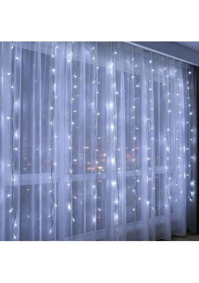 Supakuota 3x3 m laidinė LED užuolaida-girlianda su šaltai baltomis lemputėmis ir storais izoliuotais laidais